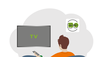 Grafik: Mann steht auf grüner Kachel vor einem großen halbrunden TV-Gerät mit Glasfaser-Anschluss der Stadtwerke Flensburg